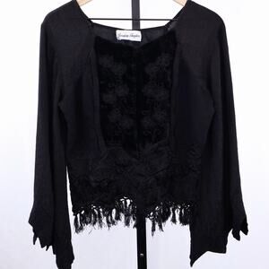 Jessica Taylor Black Velvet Embroidered Fringe Top Womens M Boho Renaissance